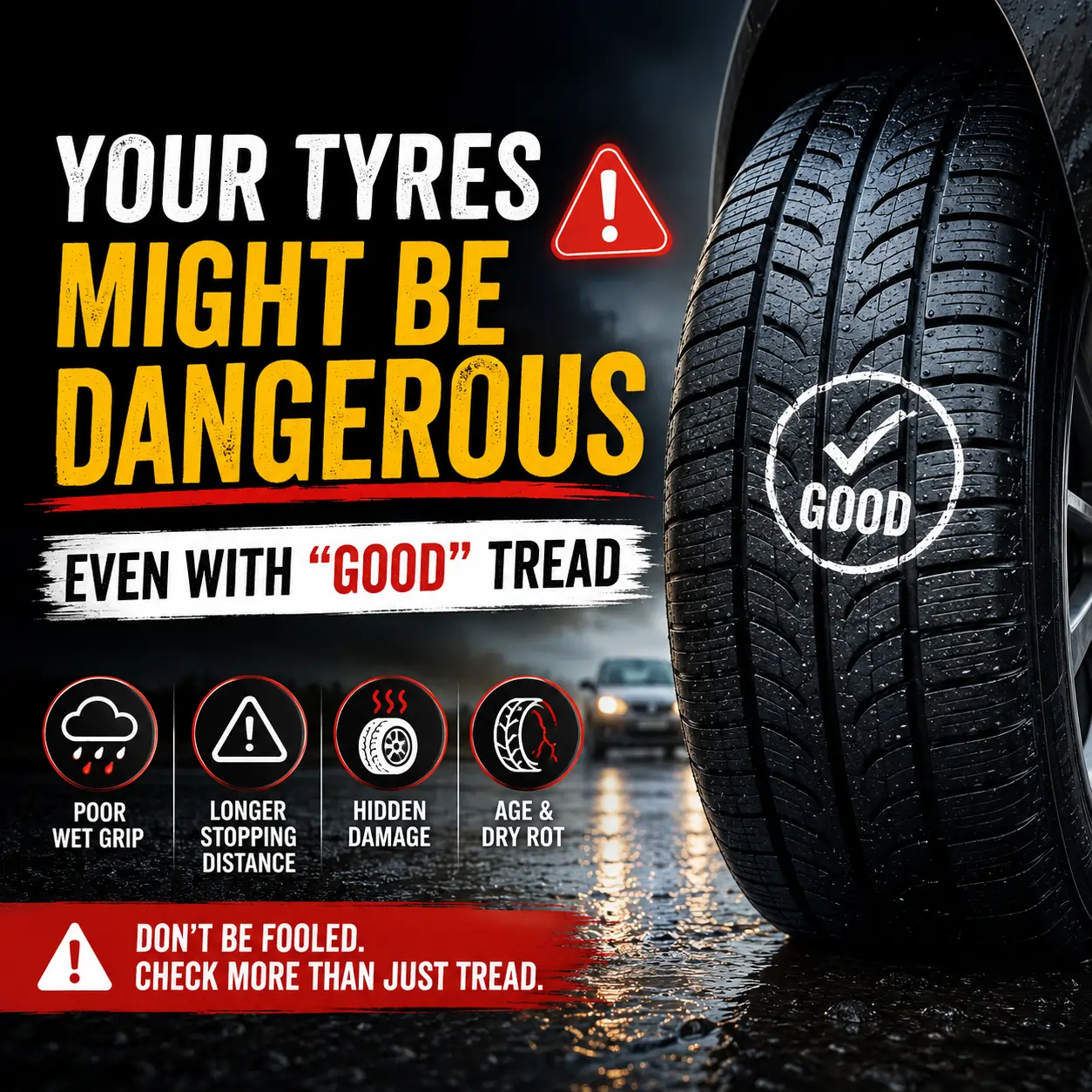 When to replace tyres - warning signs on a worn tyre with hidden tread damage